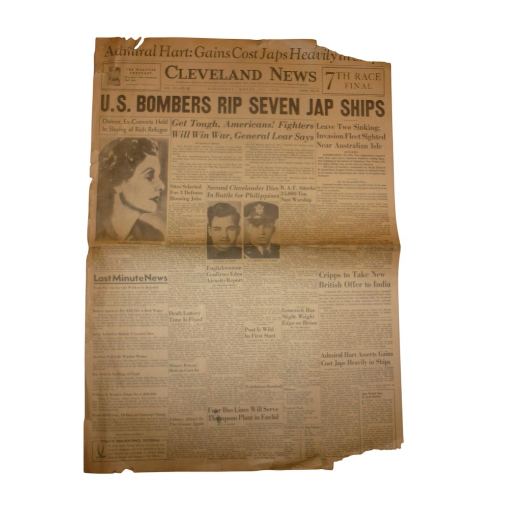 1942 Cleveland‎ News WWII Newspaper US Bombers Rip Seven Ships Higbee Ad